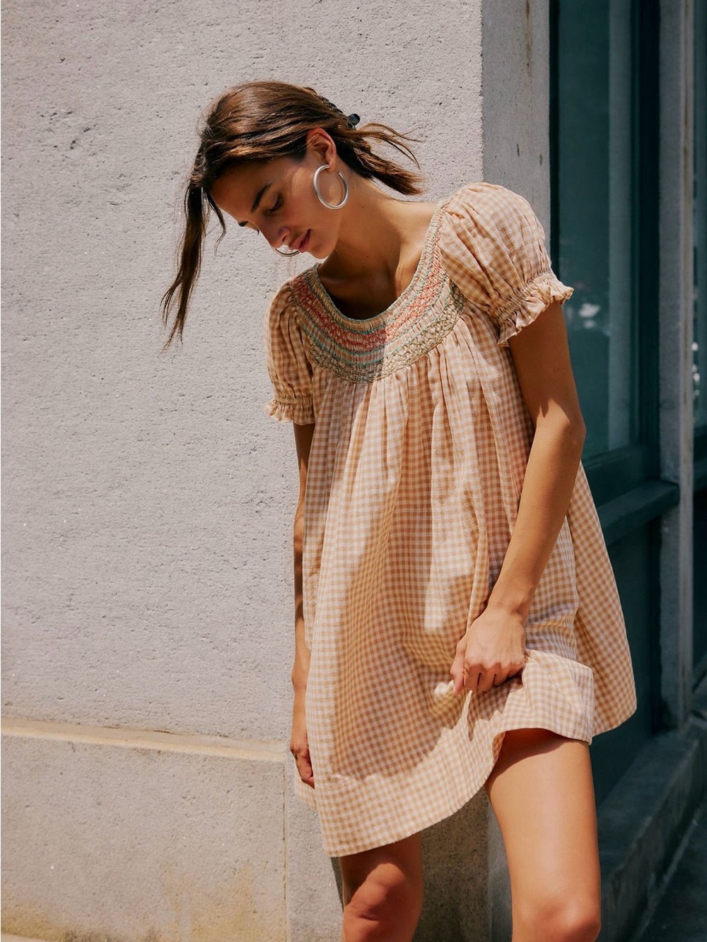 Free People Smocked Gingham Mini Dress